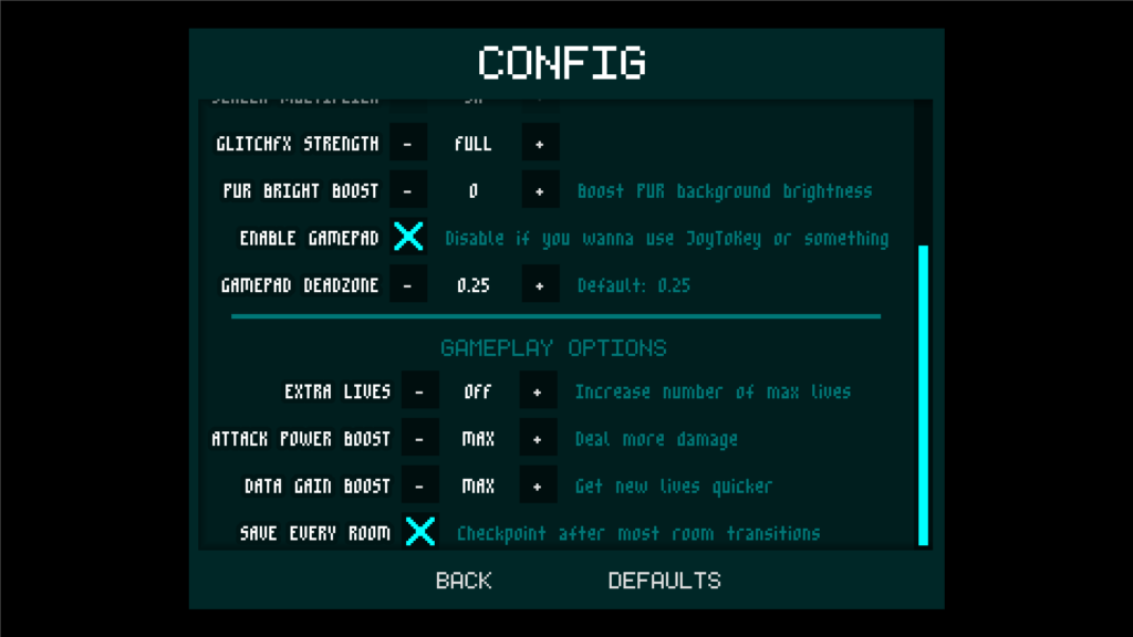 A screenshot of the "Config" menu in X-YZE showing features like "Extra Lives" or "Attack Power Boost"